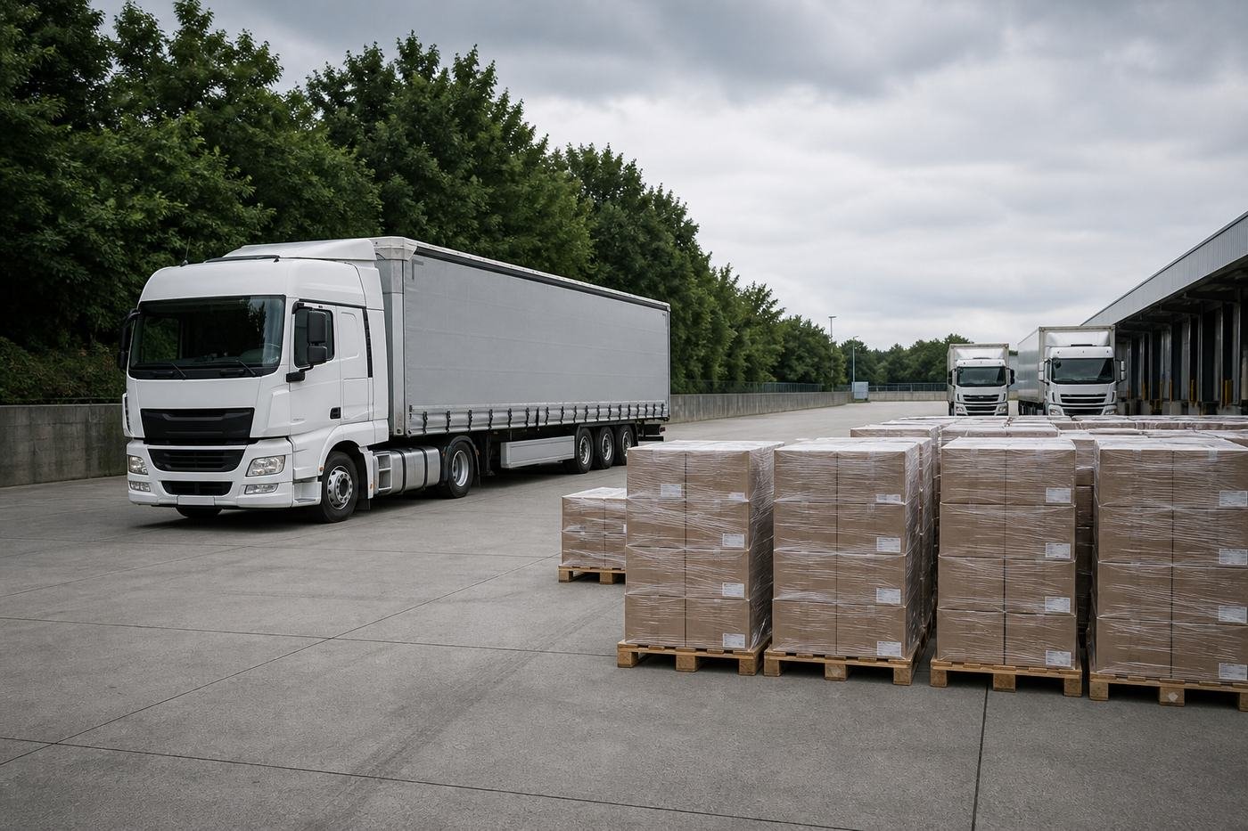 Palletised cargo and trucks in a logistics yard