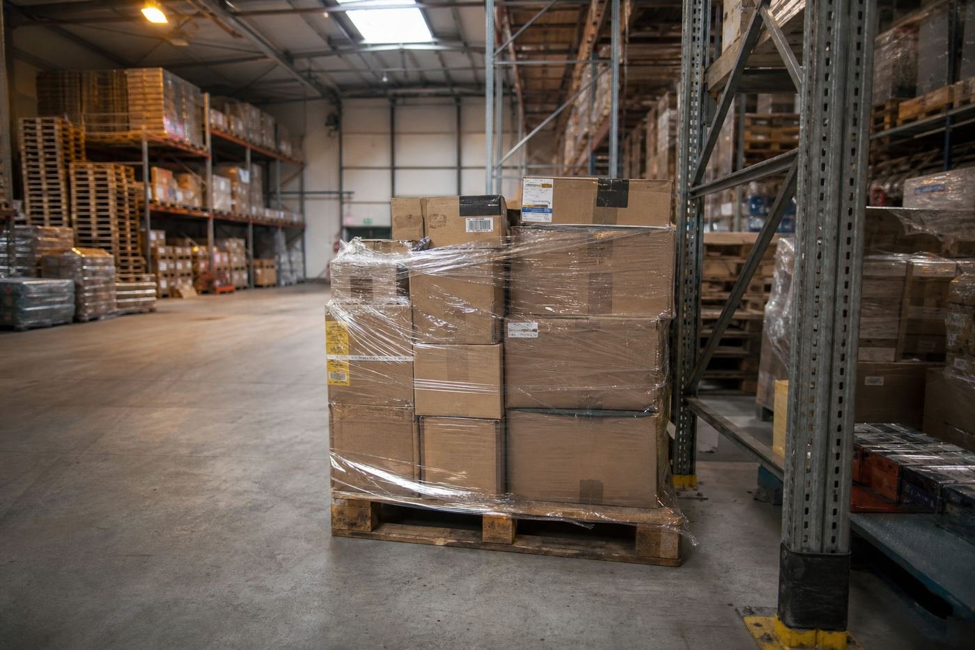 Palletised cargo held on racking